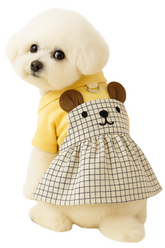 KUTKUT Dog Lace Collar Denim Dress with Button Decore, Small Dog Cat Female Checkered Shirt with Puff Sleeves for for Shihtzu, King Charles, Pug & Small Dogs